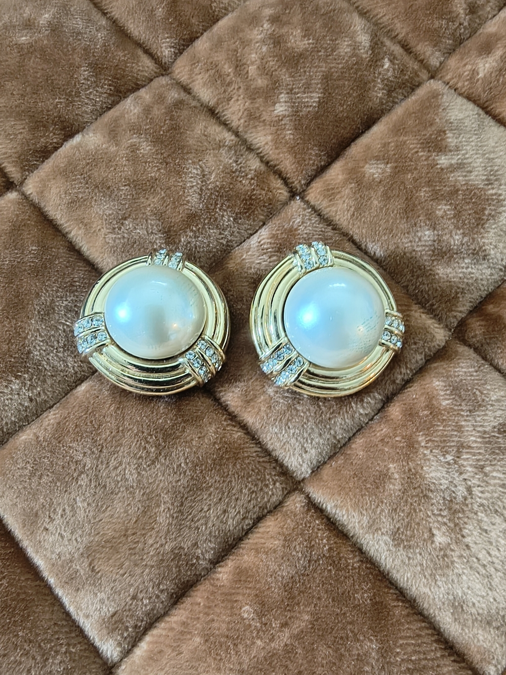 Gold Pearl and Crystal Clip-On Earrings - Timeless Round Design
